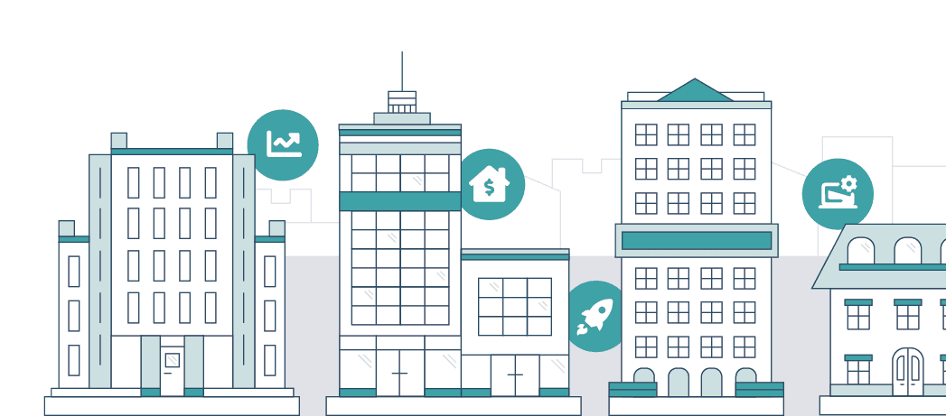 Illustration of business buildings with icons of the types of startup businesses