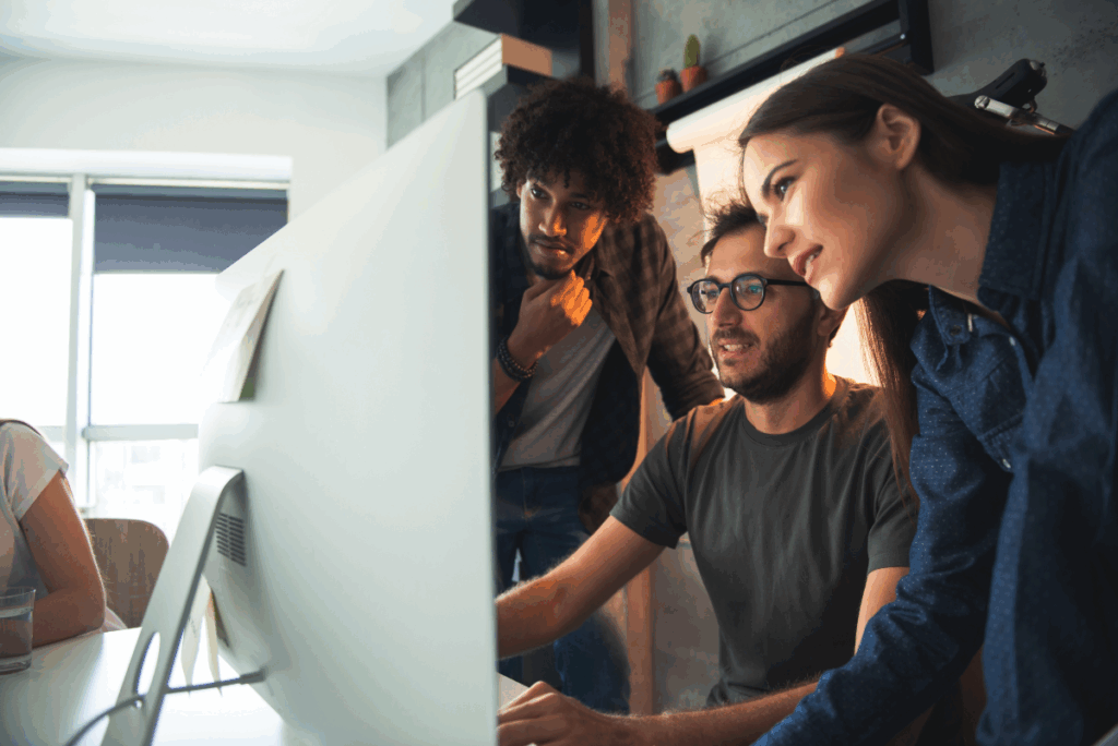 Startup team working on plan for investor