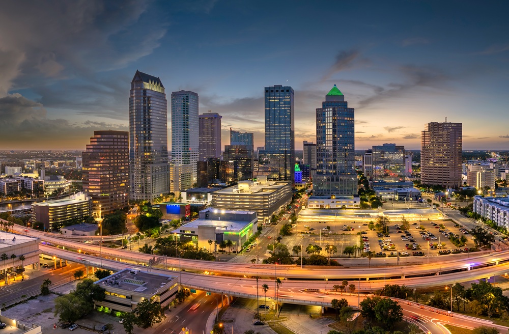 Urban highway road traffic in Tampa, Florida. American travel destination