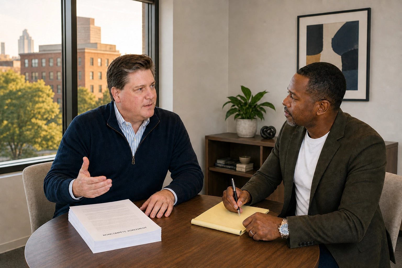 Business owner and attorney reviewing a noncompete agreement in Georgia