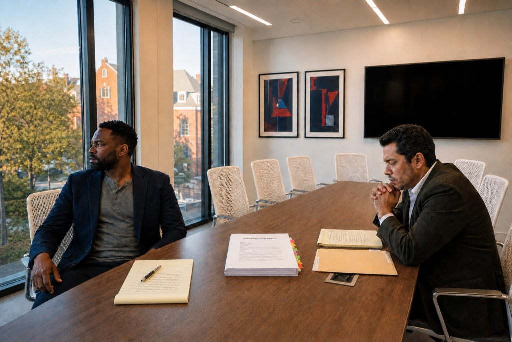 Business partners reviewing documents before a partnership dispute becomes litigation