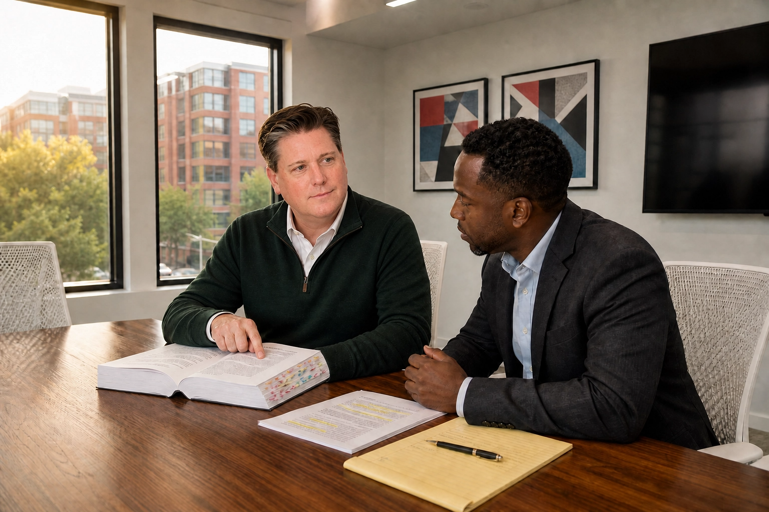 Entrepreneur reviewing a franchise agreement with a business attorney